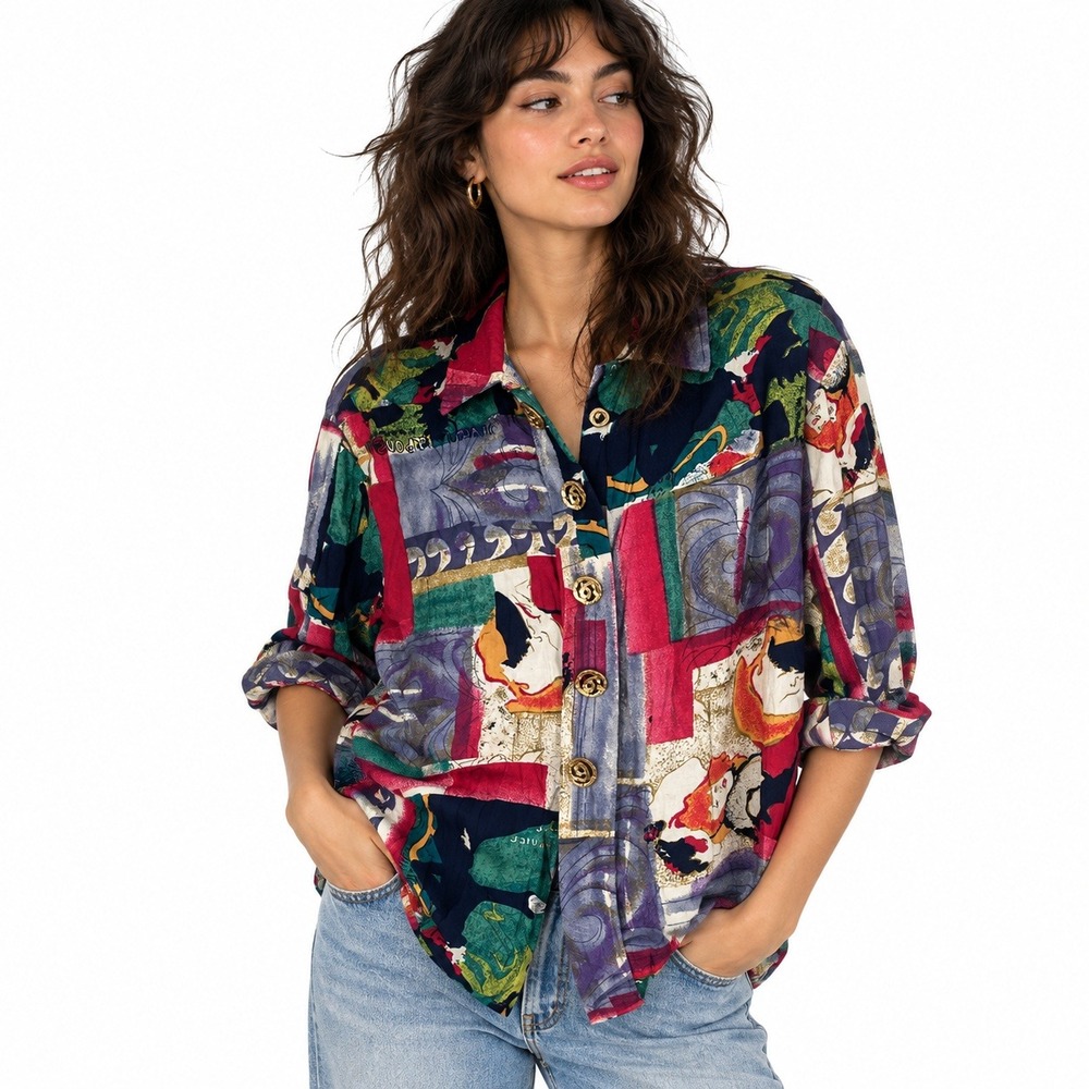 Vintage S.L. Fashions Art Print Button Up Blouse Abstract Multicolor Size 16